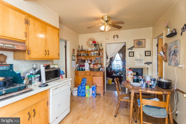 kitchen featuring ceiling fan and light hardwood / wood-style flooring