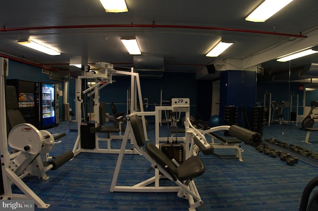 workout area featuring dark colored carpet