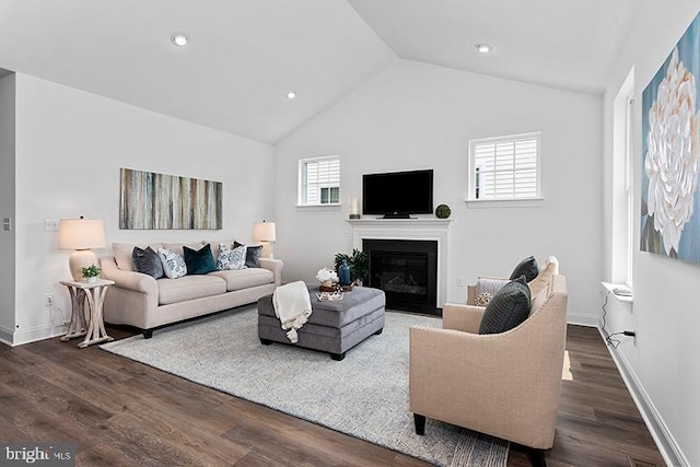 living room with high vaulted ceiling and dark hardwood / wood-style floors