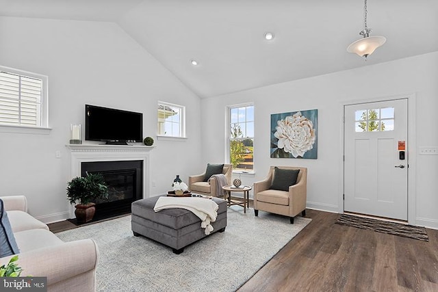 living room featuring high vaulted ceiling, dark hardwood / wood-style floors, and a healthy amount of sunlight