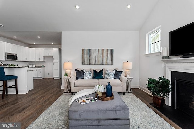 living room featuring dark hardwood / wood-style flooring and vaulted ceiling