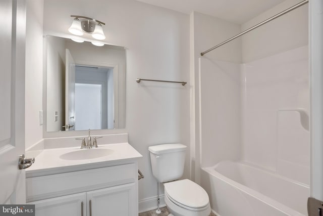 full bathroom featuring shower / bathing tub combination, toilet, and vanity