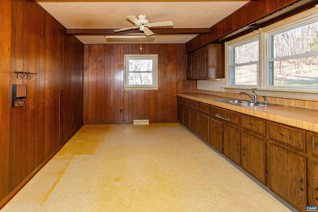 kitchen with wooden walls, ceiling fan, and sink