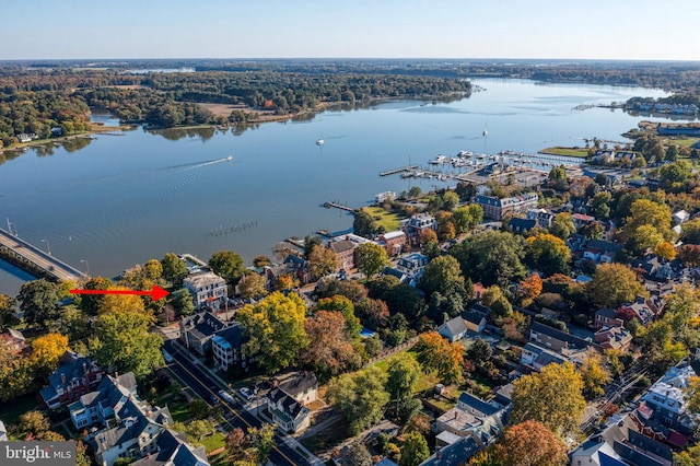 drone / aerial view with a water view