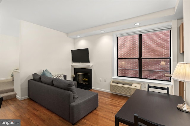 living room featuring dark wood-type flooring