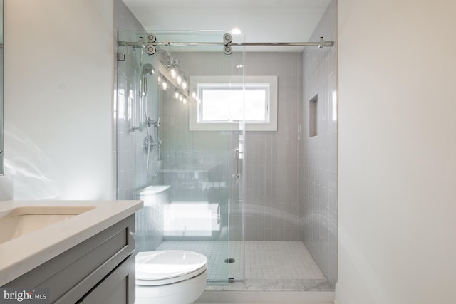 bathroom with vanity, toilet, and a shower with shower door