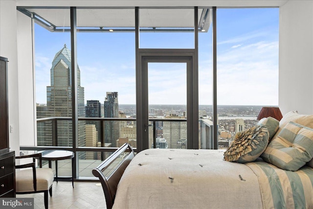 bedroom featuring light parquet floors