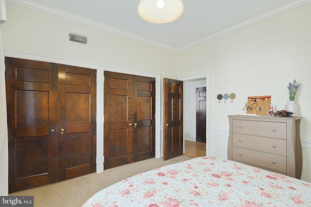 carpeted bedroom featuring two closets and crown molding