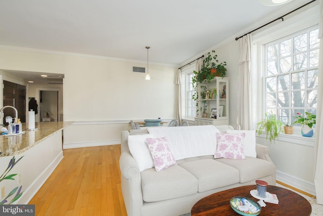 living room with crown molding, sink, and light wood-type flooring