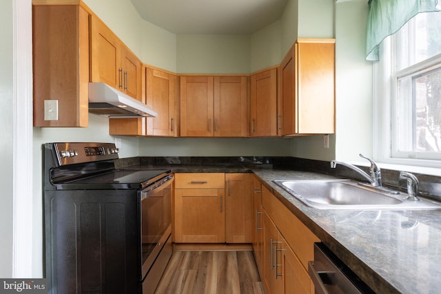 kitchen featuring range with electric stovetop, dark hardwood / wood-style floors, and sink