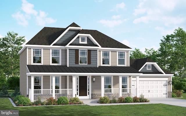 view of front of property with a porch, a front lawn, and a garage