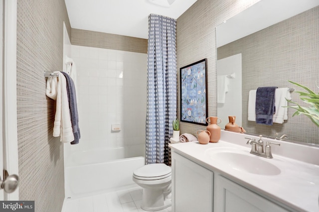 full bathroom with oversized vanity, shower / tub combo, tile floors, and toilet