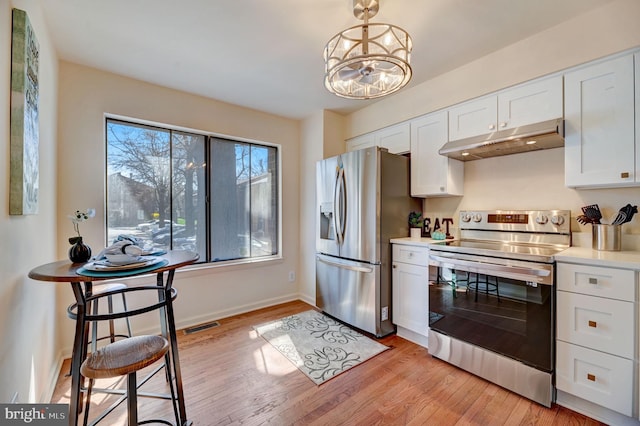 kitchen with an inviting chandelier, white cabinetry, electric range, light hardwood / wood-style flooring, and stainless steel fridge