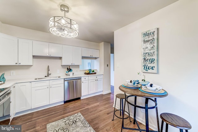 kitchen with dark wood-type flooring, an inviting chandelier, sink, white cabinets, and stainless steel dishwasher