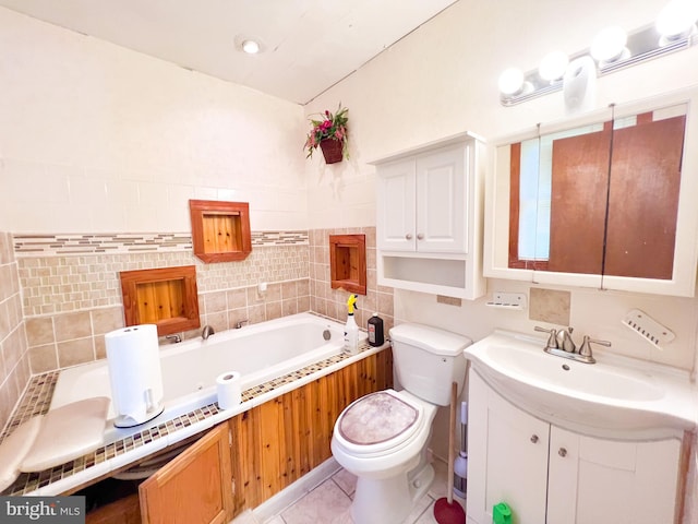 bathroom with toilet, tile floors, a bathtub, and tile walls