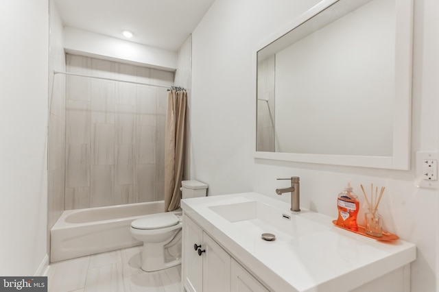 full bathroom with tile floors, toilet, vanity, and shower / bath combo with shower curtain