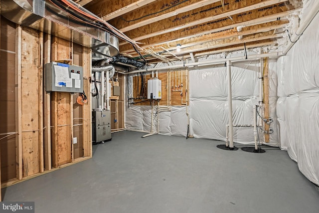 basement with heating unit and water heater