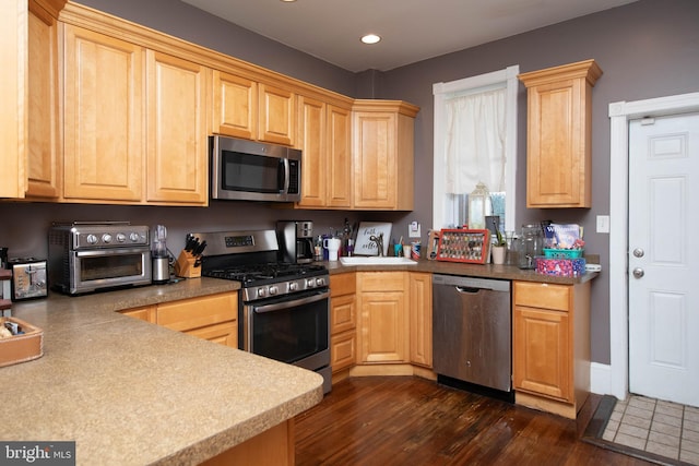 kitchen with sink, appliances with stainless steel finishes, light brown cabinetry, and dark hardwood / wood-style flooring