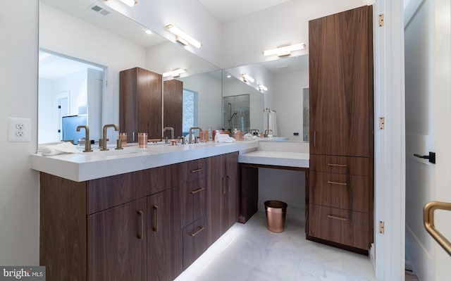 bathroom featuring tile flooring and dual vanity