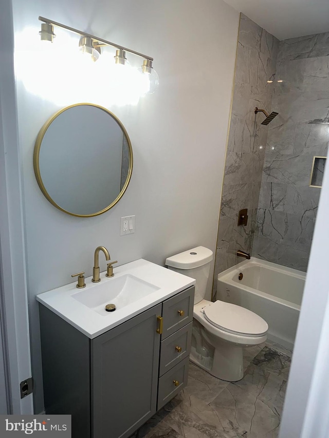 full bathroom with tiled shower / bath combo, tile flooring, toilet, and vanity