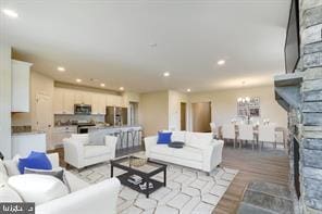 living room with a fireplace