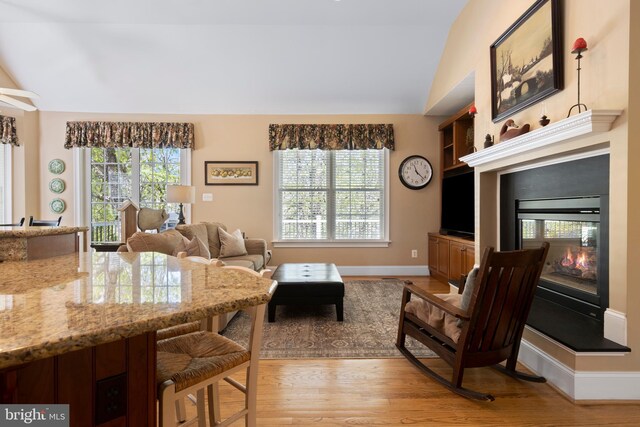 living room with lofted ceiling, plenty of natural light, and light hardwood / wood-style flooring