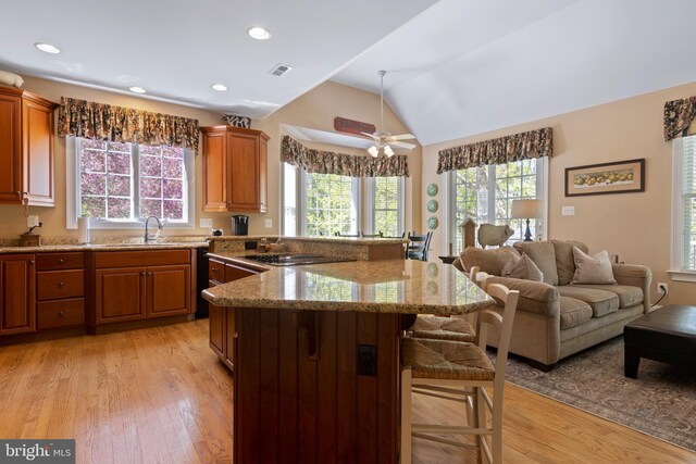 kitchen featuring light stone countertops, lofted ceiling, a breakfast bar, and light hardwood / wood-style flooring