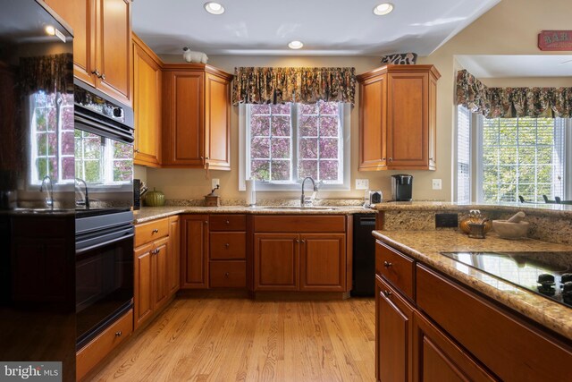 kitchen with light stone counters, light hardwood / wood-style floors, sink, and black appliances