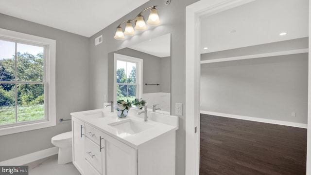 bathroom featuring toilet, vanity, and wood-type flooring