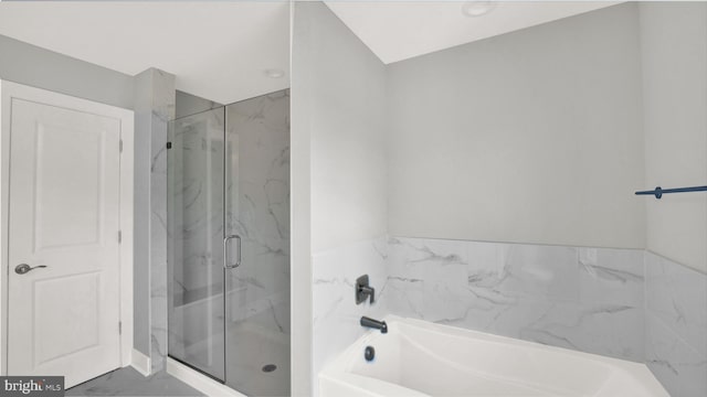 bathroom featuring tile flooring and plus walk in shower