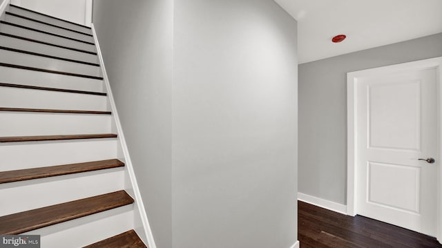 staircase featuring dark hardwood / wood-style floors