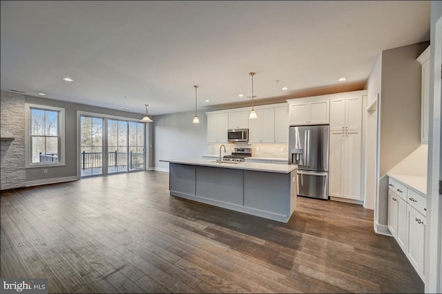 kitchen with dark hardwood / wood-style floors, stainless steel appliances, and white cabinetry