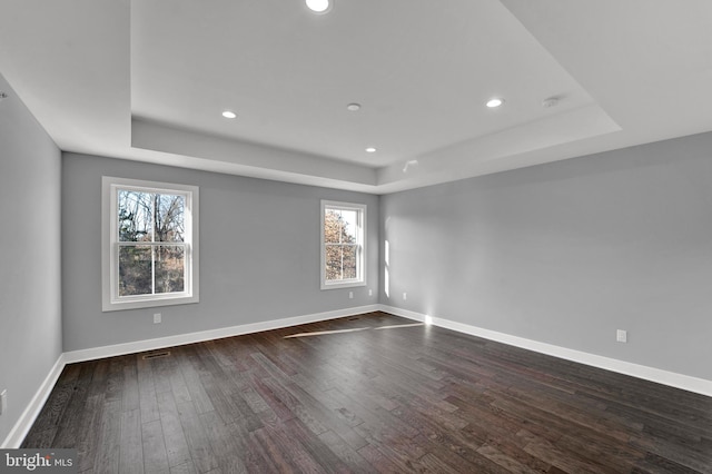 unfurnished room with dark wood-type flooring and a raised ceiling