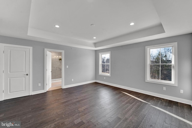 spare room featuring a tray ceiling and dark hardwood / wood-style flooring