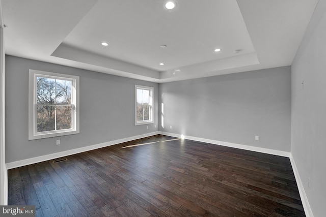spare room with a raised ceiling, dark hardwood / wood-style floors, and a healthy amount of sunlight