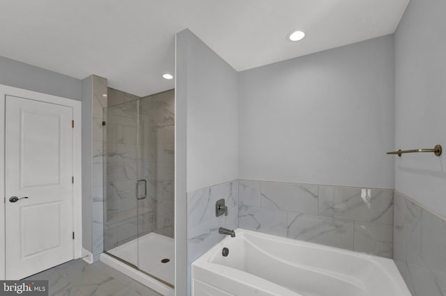 bathroom with plus walk in shower and tile floors