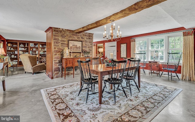 dining space with light tile floors, a notable chandelier, a textured ceiling, and beam ceiling