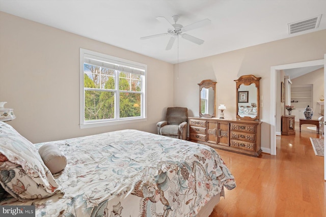 bedroom featuring ceiling fan and light hardwood / wood-style floors