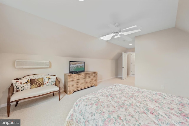 carpeted bedroom with a wall mounted air conditioner, ceiling fan, and lofted ceiling