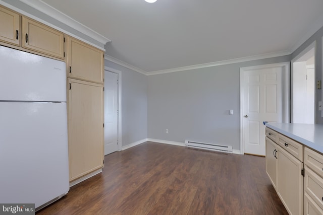 kitchen with crown molding, dark wood-type flooring, a baseboard radiator, and white fridge