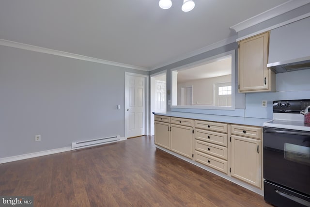 kitchen with dark wood-type flooring, wall chimney range hood, a baseboard heating unit, ornamental molding, and black electric range