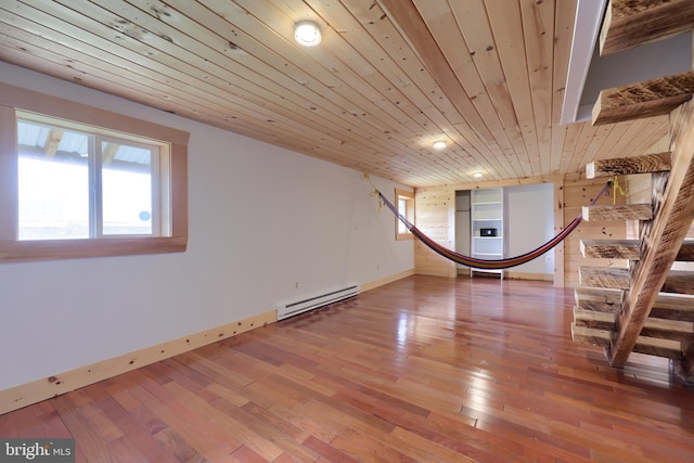 basement featuring wooden walls, hardwood / wood-style flooring, wood ceiling, and baseboard heating