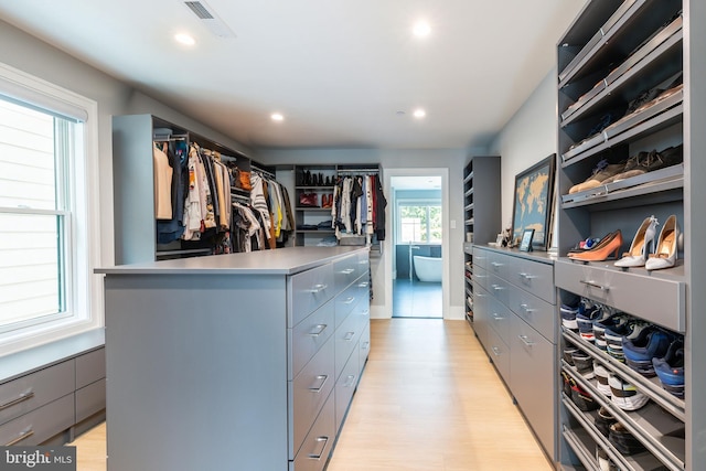 spacious closet featuring light wood-type flooring and visible vents