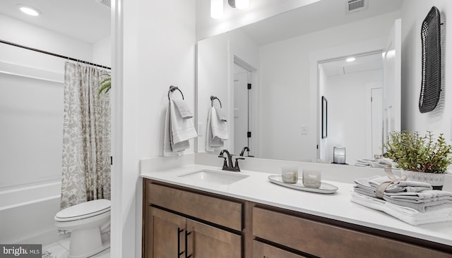 full bathroom featuring toilet, tile flooring, shower / bathtub combination with curtain, and vanity with extensive cabinet space