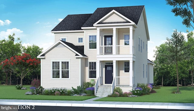 view of front of home featuring a balcony and a front yard