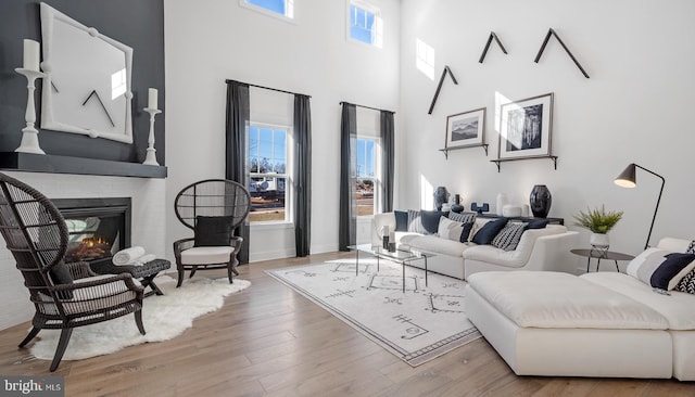 living room with light hardwood / wood-style floors and a fireplace