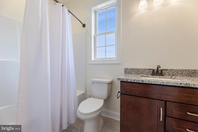 full bathroom featuring vanity, shower / bath combination with curtain, tile flooring, and toilet