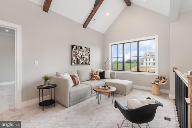 carpeted living area featuring beam ceiling, visible vents, high vaulted ceiling, and baseboards