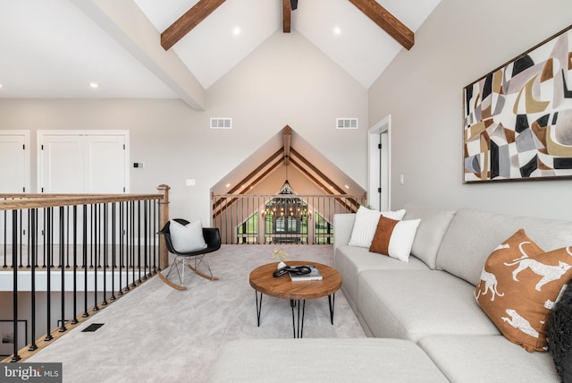 living room featuring recessed lighting, visible vents, high vaulted ceiling, and beamed ceiling