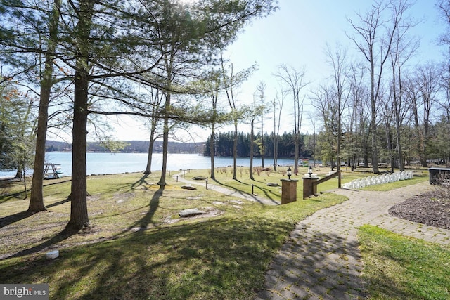 view of home's community with a yard and a water view